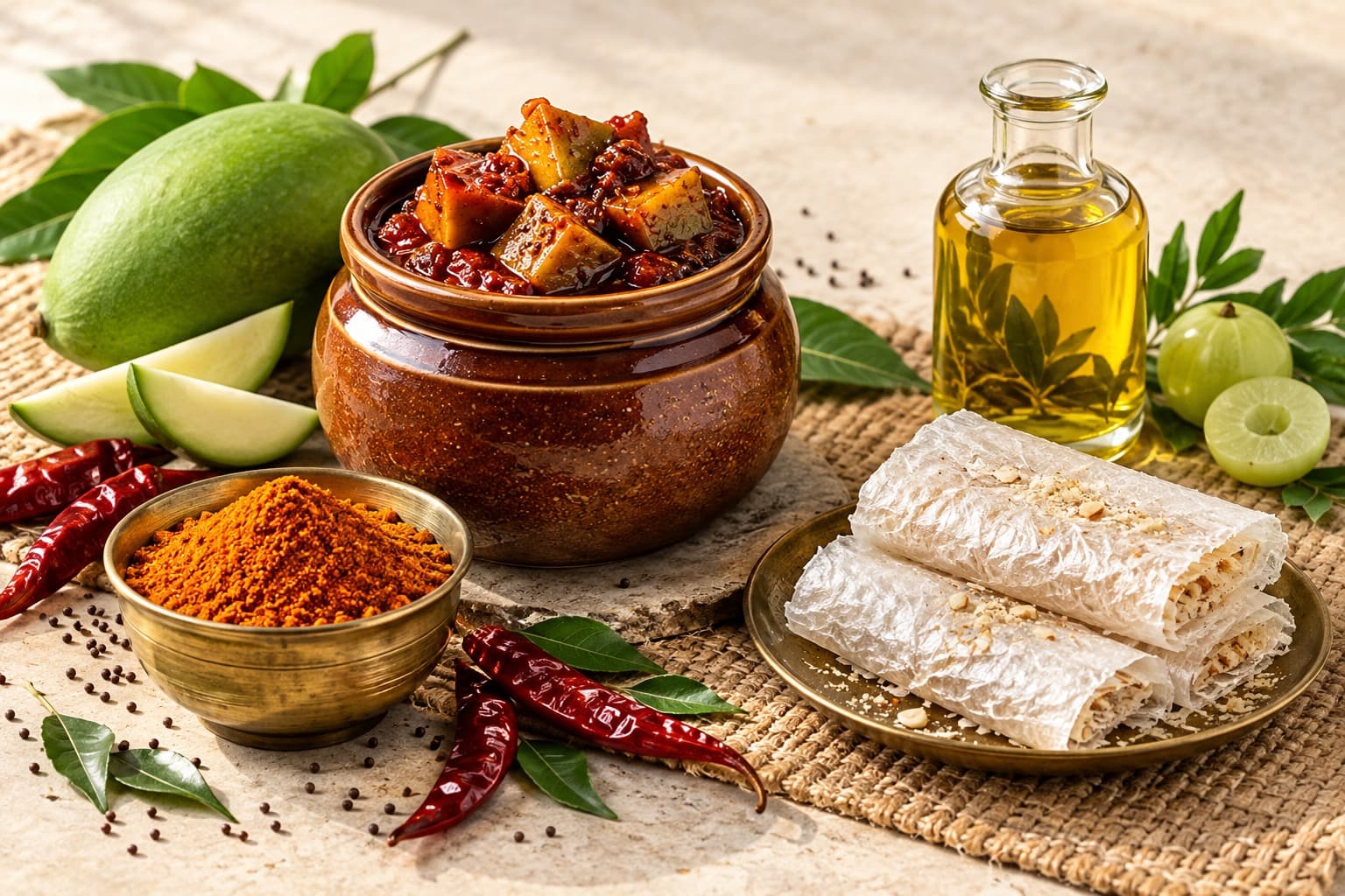 A welcoming spread of Andhra pickle, podi, putharekulu sweets, and botanical hair oil