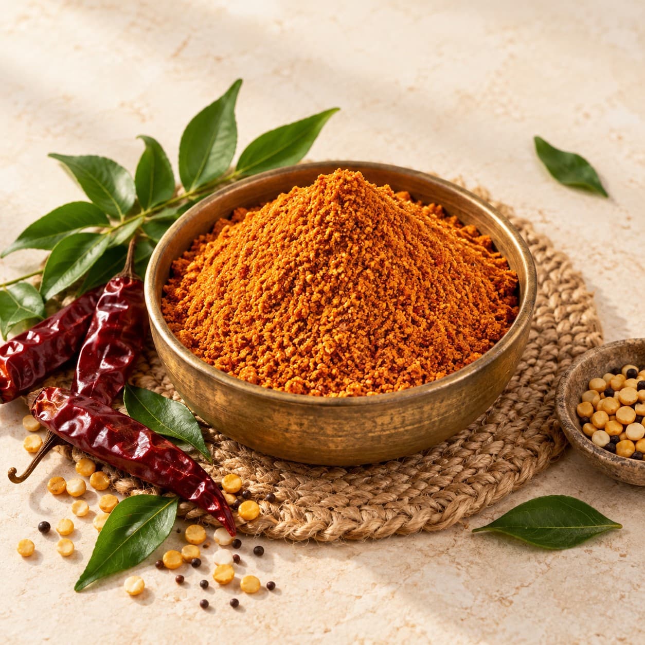 Traditional spice podi served in a wooden bowl
