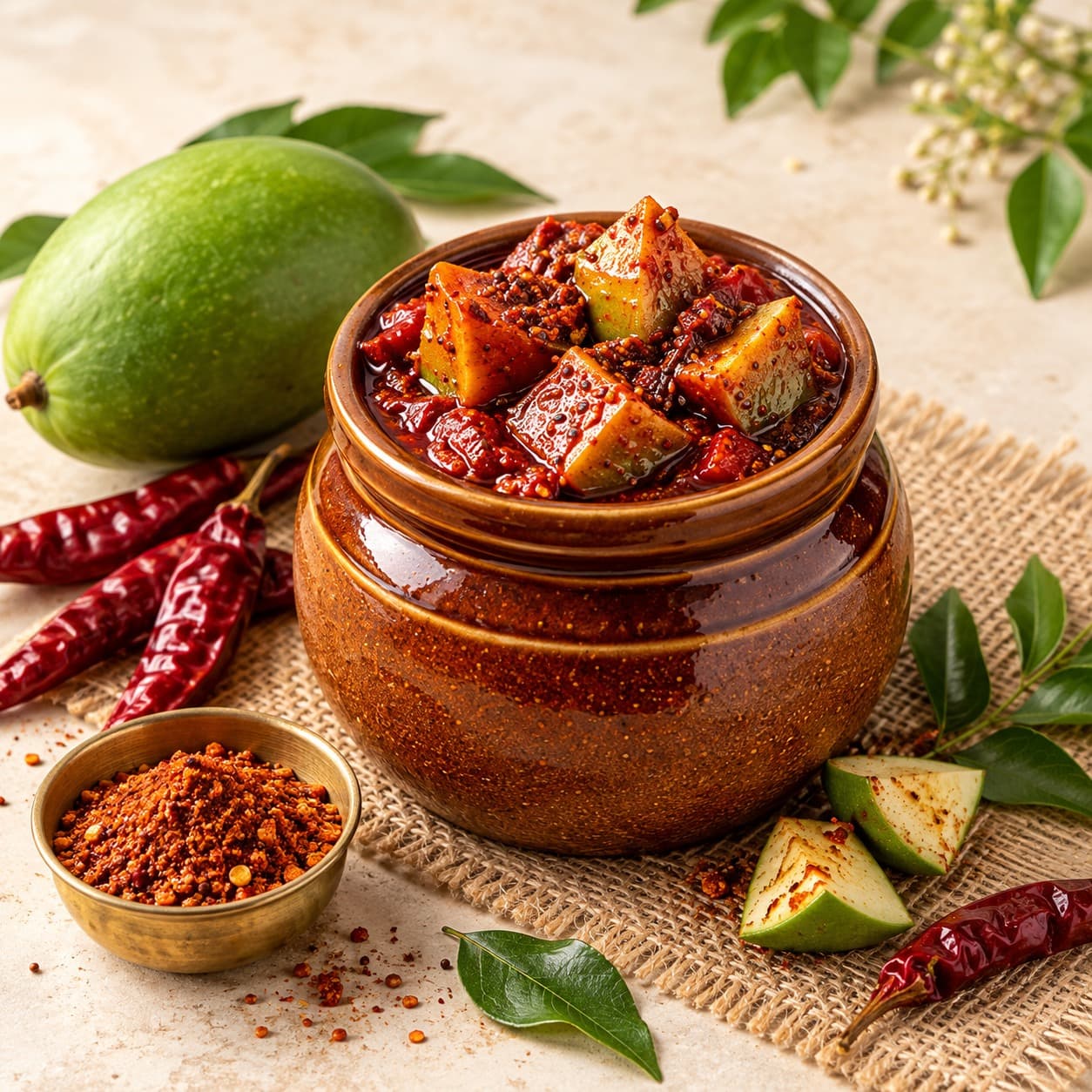 A traditional jar of Andhra mango pickle with fresh mango
